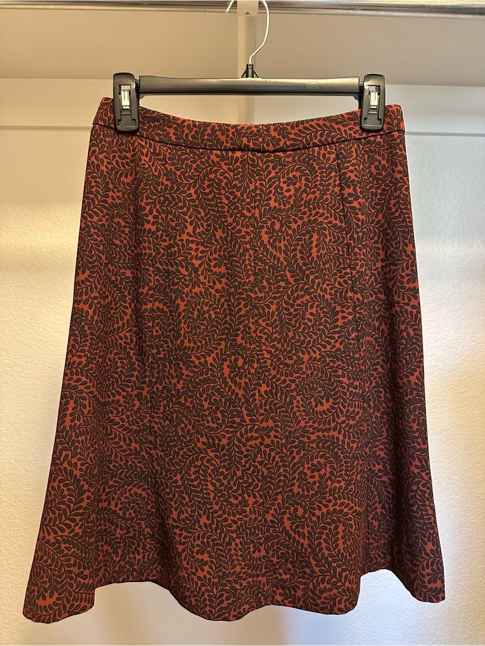 LOFT Rust A-Line Skirt with Black Leaf Swirl Print